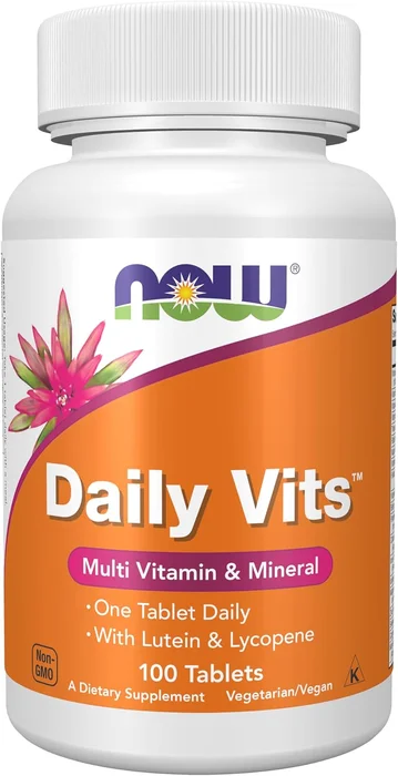 Front of a 100-tablet NOW Daily Vits multivitamin bottle with a white cap and orange label