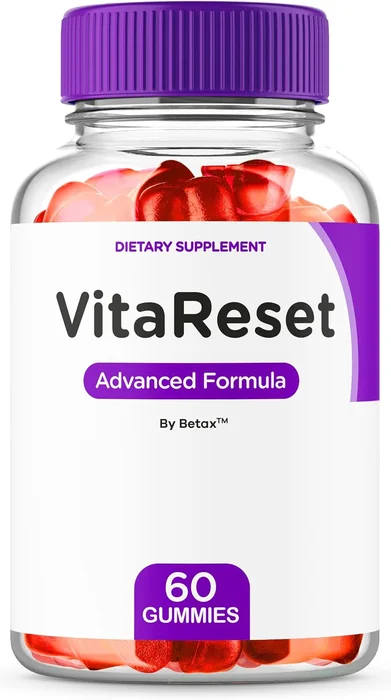 Front of the 60-count VitaReset gummy jar with a purple cap, labeled Dietary Supplement, Advanced Formula, By Betax