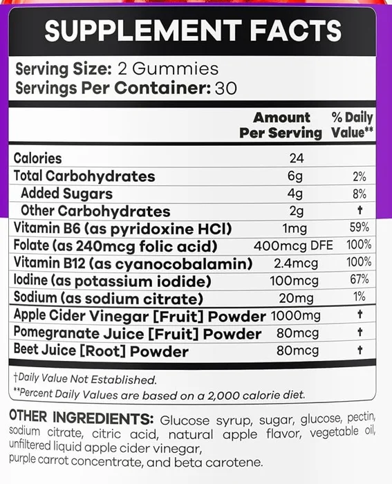 Supplement Facts panel on the VitaReset gummy bottle distributed by Betax Nutrition, listing apple cider vinegar powder, B vitamins, iodine and 4 grams of added sugar per two-gummy serving